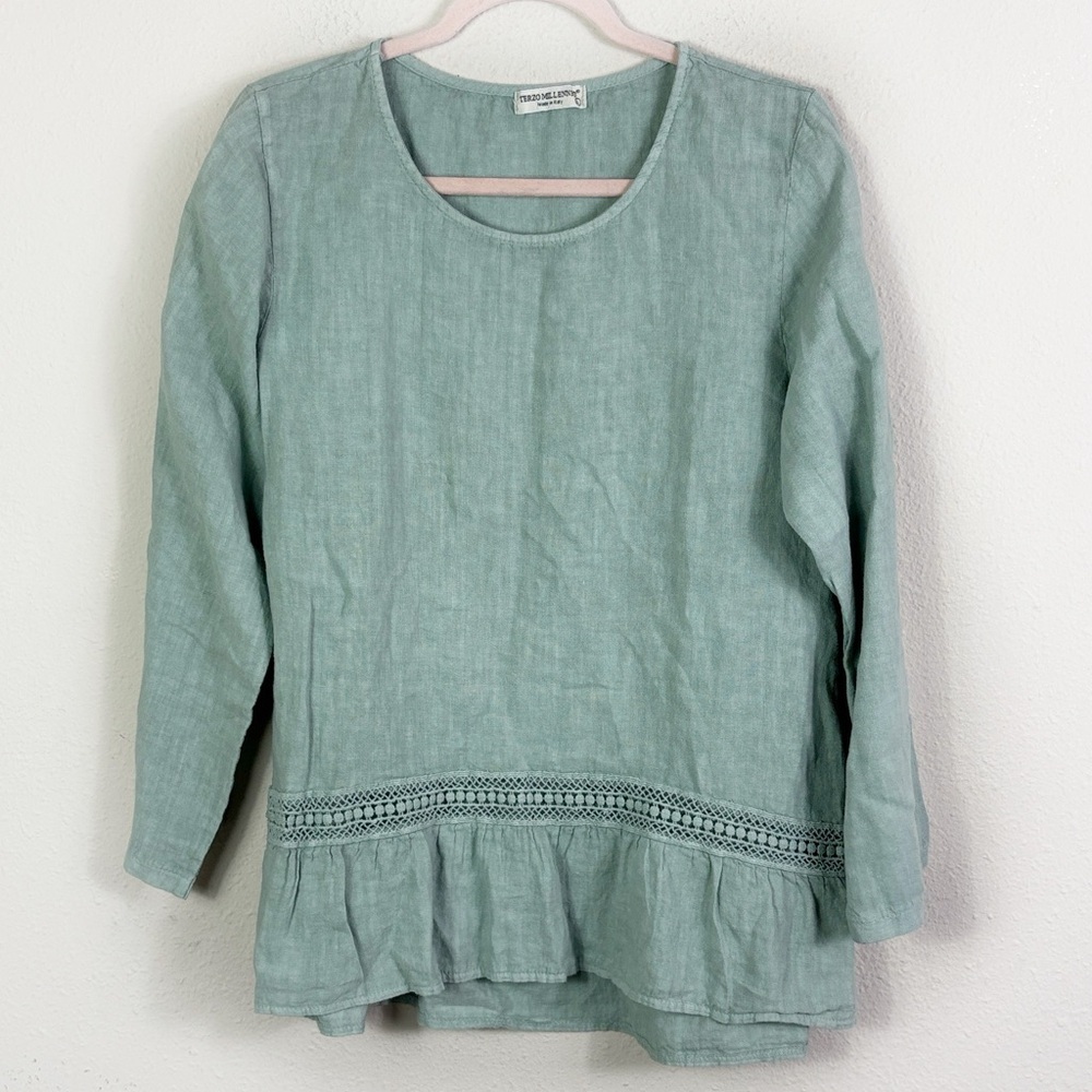 Terzo Millennio 100% Linen Green Top Roll Up Sleeves Blouse Relaxed Fit size L - Picture 2 of 11